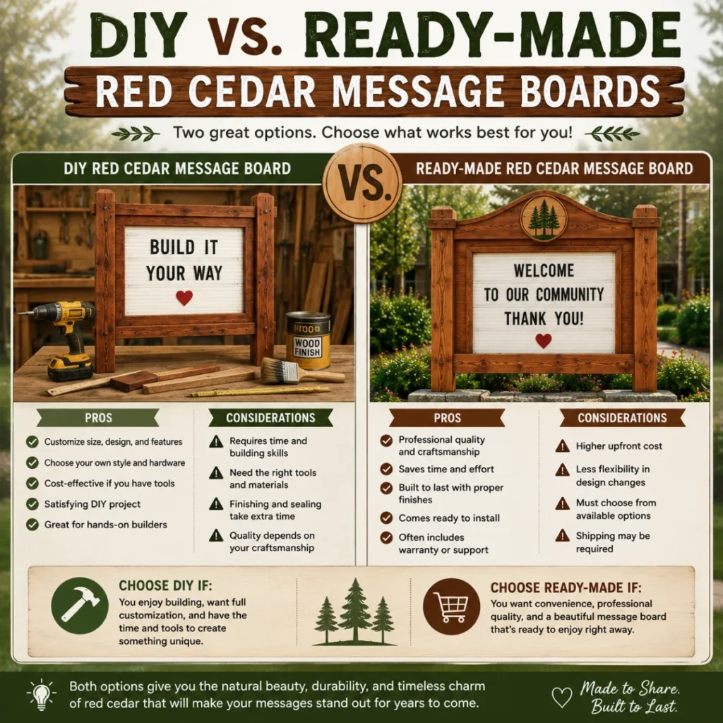 Comparison infographic of DIY vs ready-made red cedar message boards with pros, features, and practical considerations