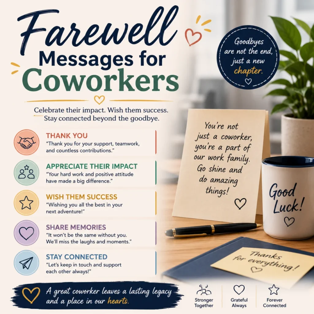 Farewell messages for coworkers infographic with appreciation, gratitude, good luck wishes, and workplace goodbye ideas
