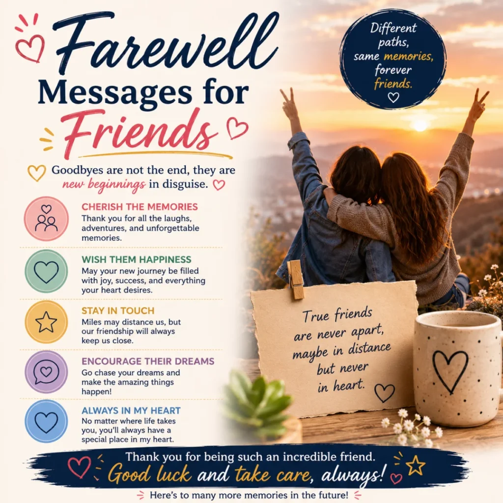 Farewell messages for friends infographic with heartfelt goodbye wishes, friendship quotes, and lasting memories