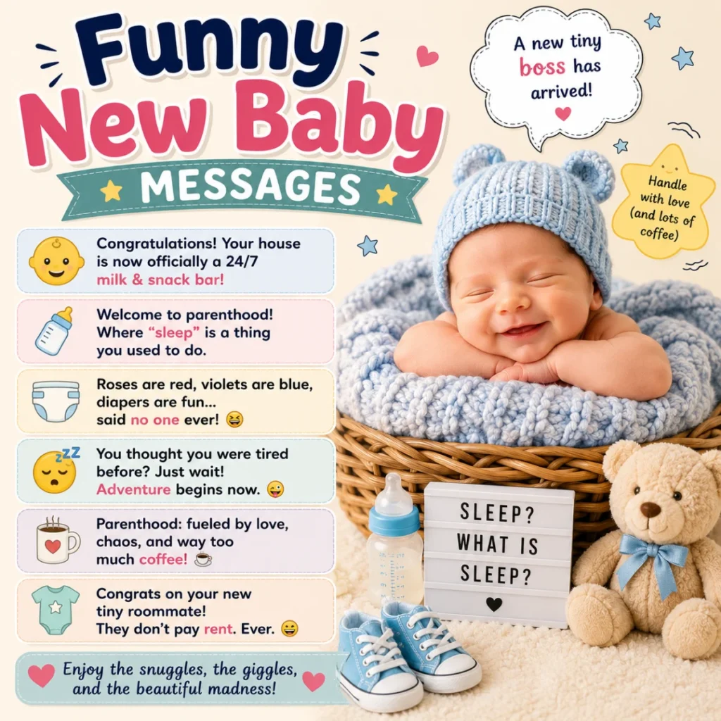 Funny new baby messages with a smiling newborn baby and humorous congratulations for new parents
