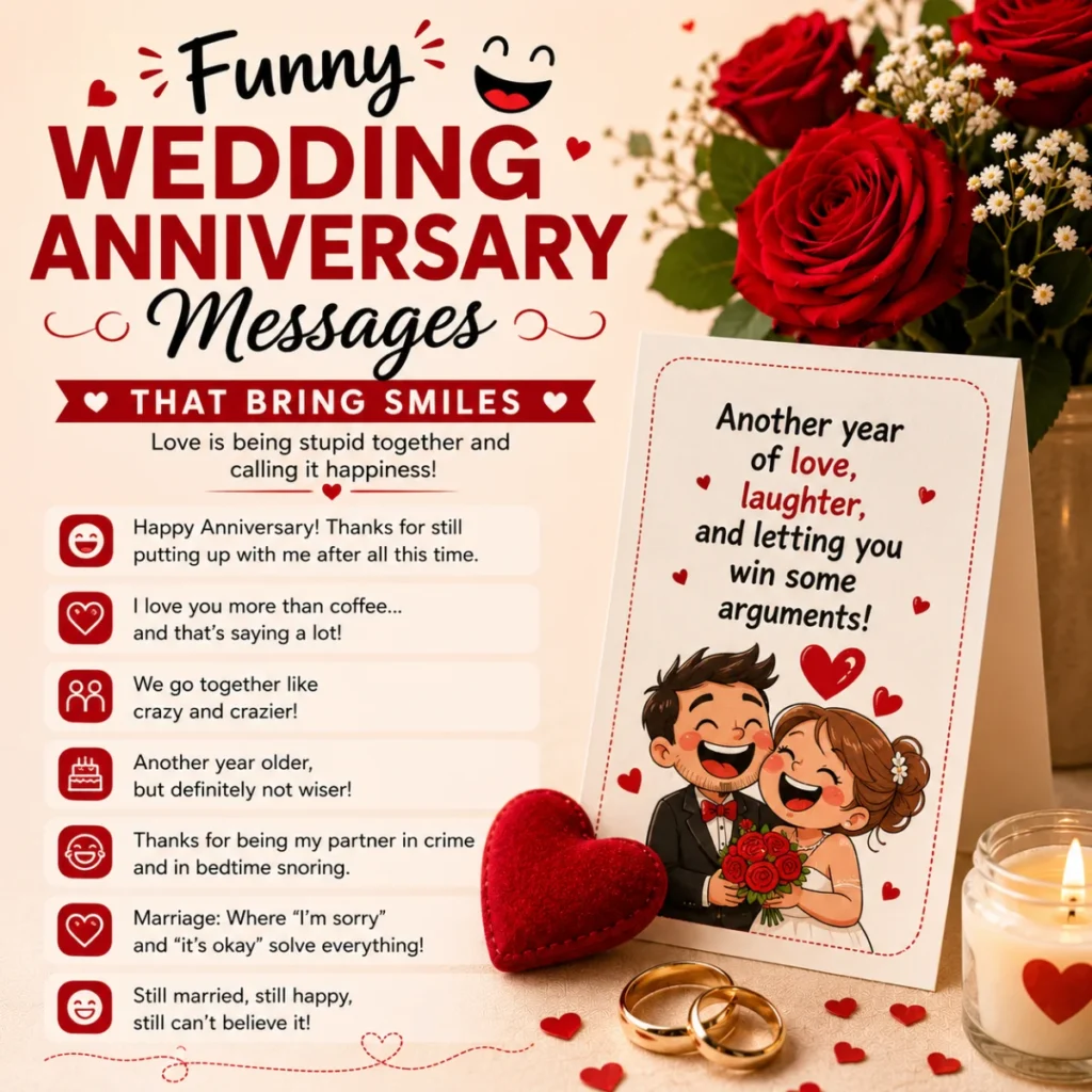 Funny wedding anniversary messages with cute couple, roses, rings, candle, and humorous anniversary card