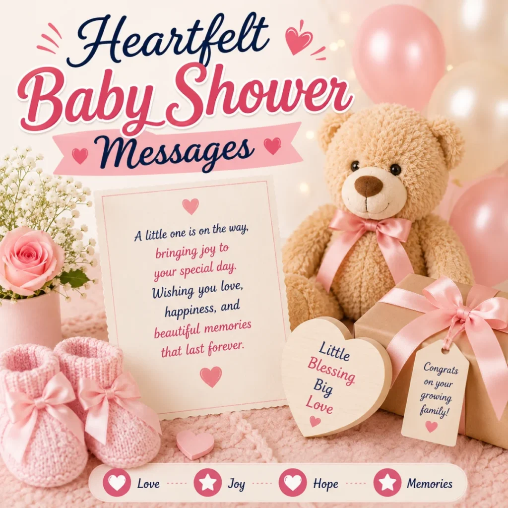 Heartfelt baby shower messages with teddy bear, baby booties, gift box, and warm wishes for parents-to-be