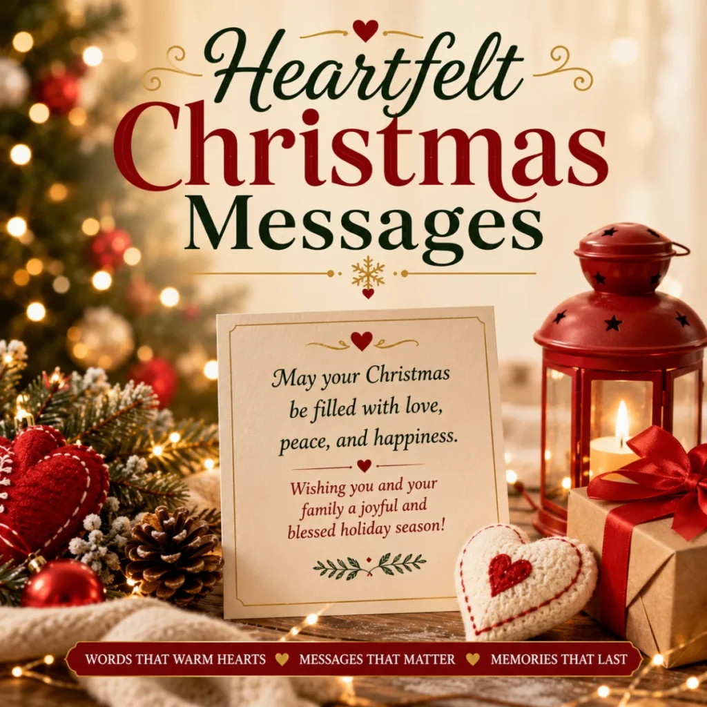 Heartfelt Christmas messages with a festive card, glowing lantern, Christmas tree, gifts, and cozy holiday decorations.