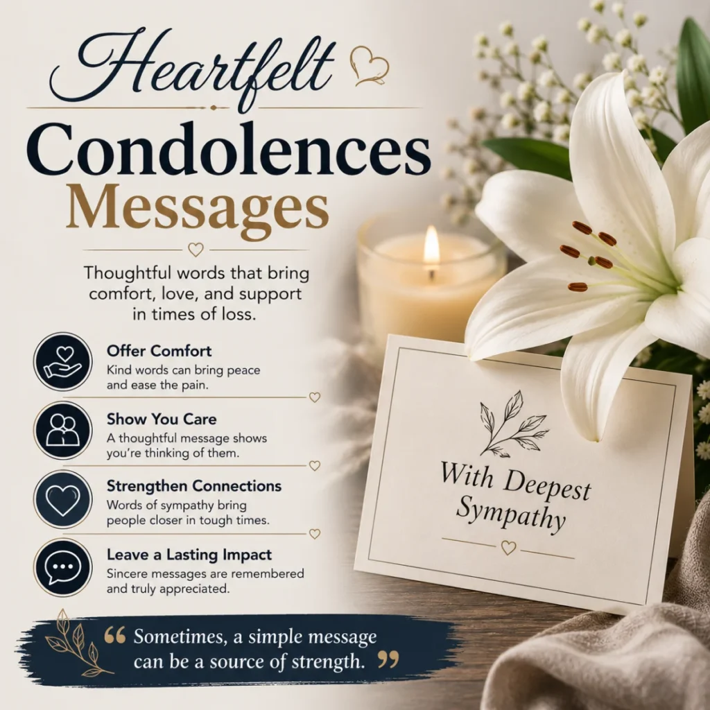 Heartfelt condolences messages with white lilies, candle, and sympathy card offering comfort and support during loss