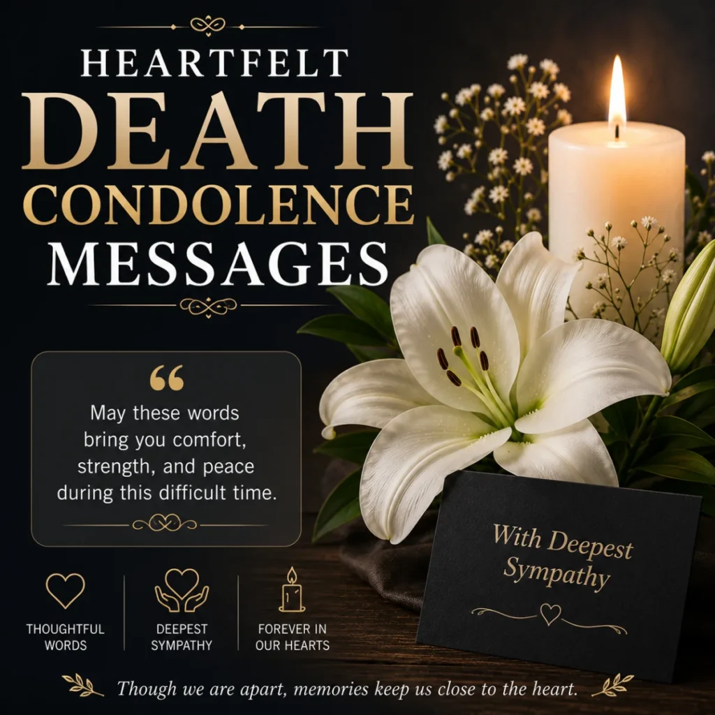 Heartfelt Death Condolence Messages with a memorial candle, white lily, and sympathy card