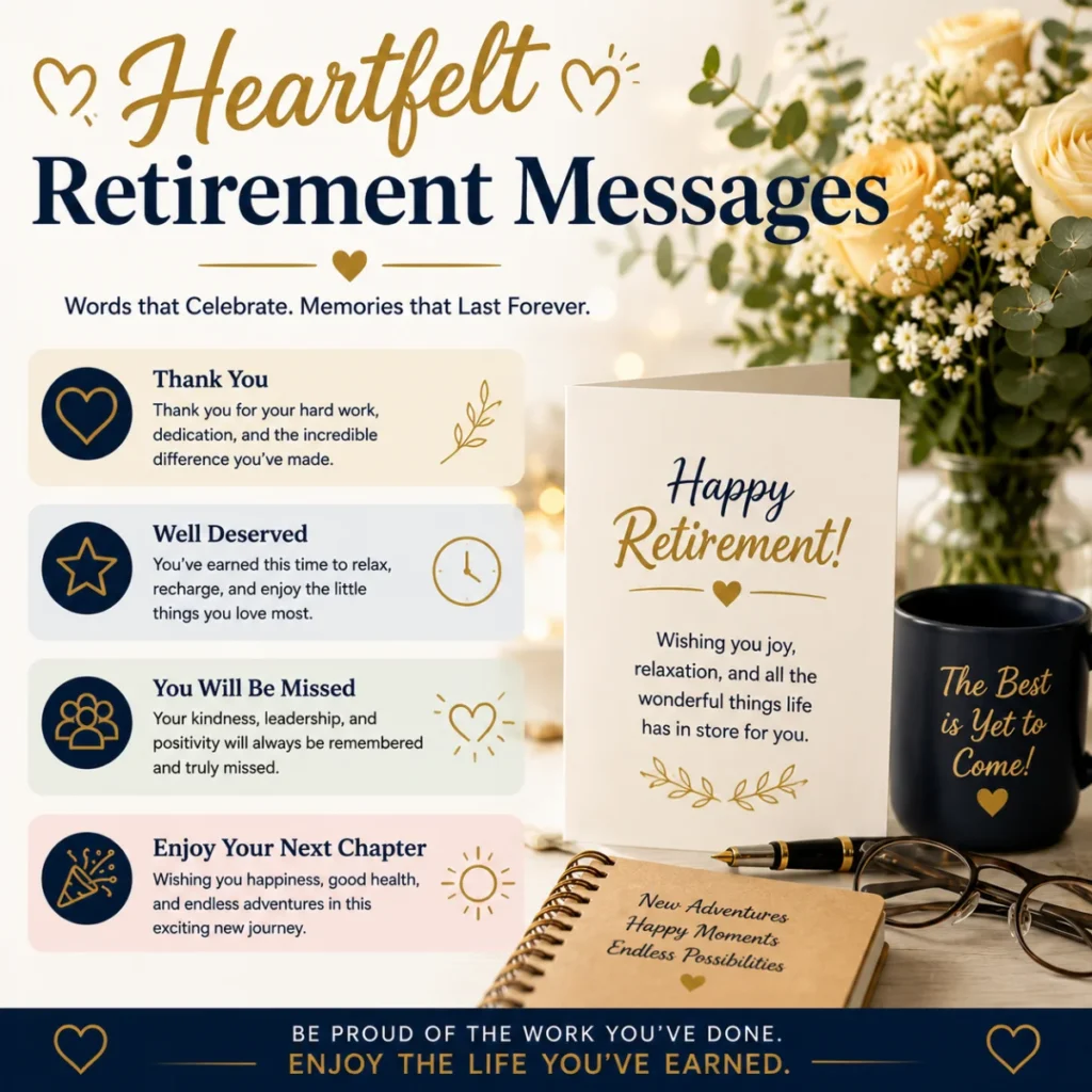 Heartfelt retirement messages with greeting card, flowers, and meaningful wishes to celebrate a retiree's new chapter