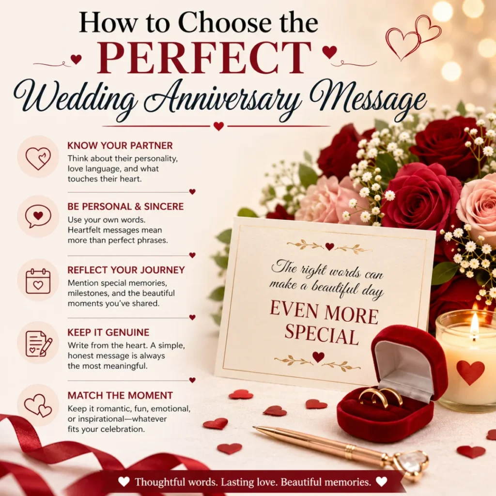 How to choose the perfect wedding anniversary message with romantic tips, roses, rings, and heartfelt greeting card