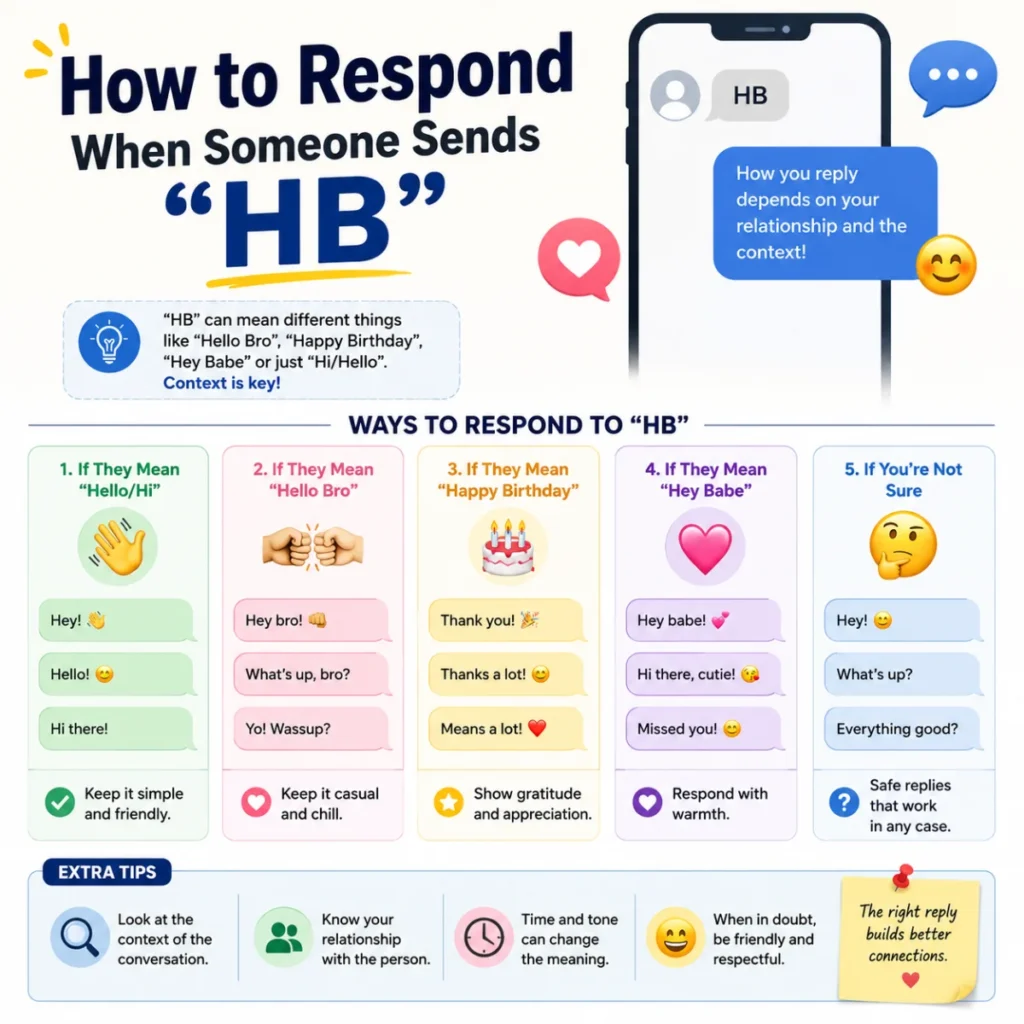 How to respond when someone sends HB in text with reply examples for hello, happy birthday, hey bro, and hey babe.