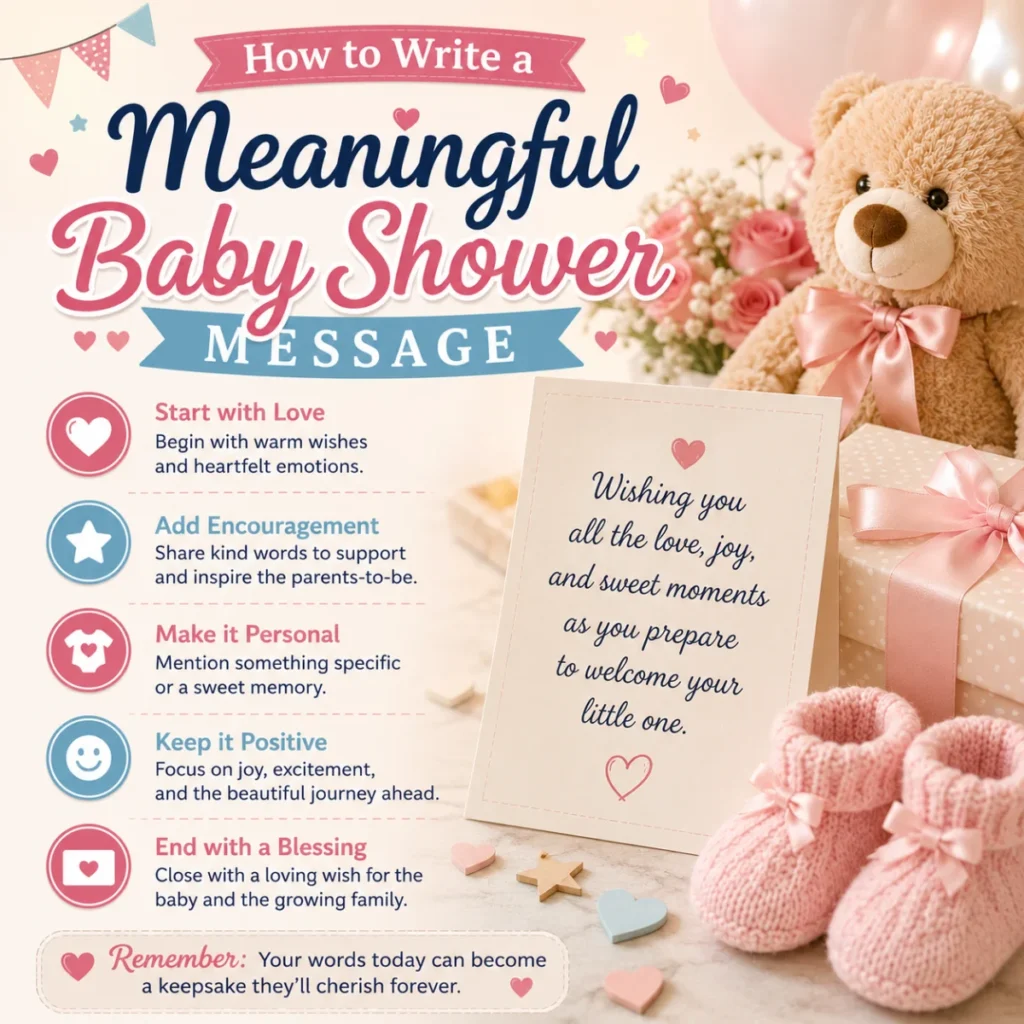 How to write a meaningful baby shower message with heartfelt tips, teddy bear, gift box, and baby booties