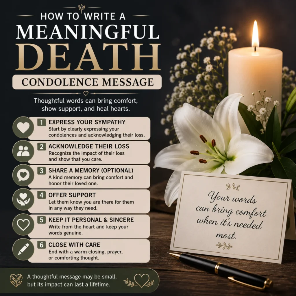 How to Write a Meaningful Death Condolence Message with a memorial candle, white lily, and sympathy note
