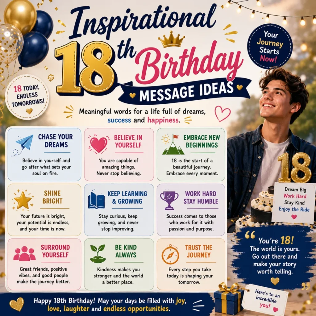 Inspirational 18th birthday message ideas with festive balloons, birthday cake, and motivational wishes for new adults