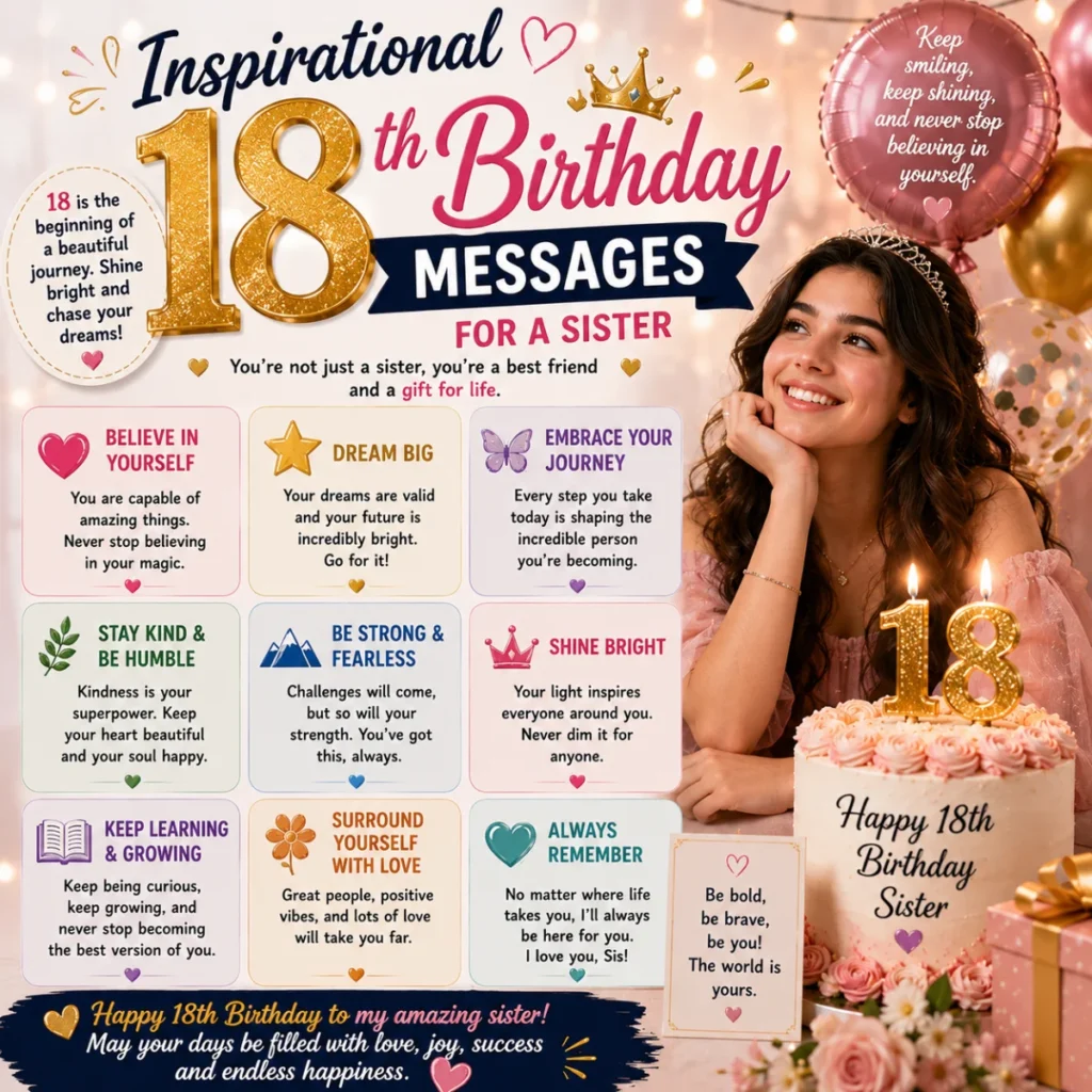 Inspirational 18th birthday messages for a sister with birthday cake, balloons, and heartfelt wishes for her future