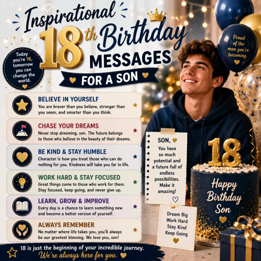 Inspirational 18th birthday messages for a son with birthday cake, balloons, and heartfelt wishes for his future