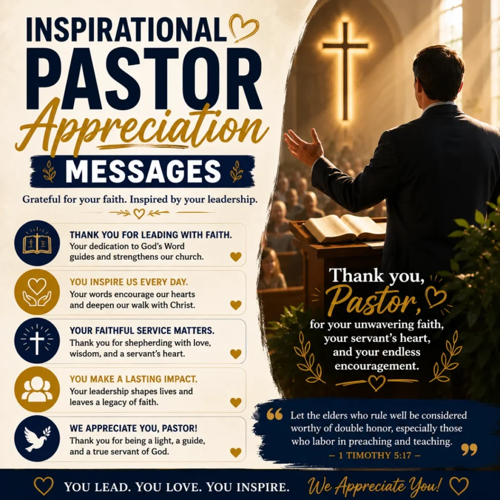 Inspirational pastor appreciation messages with a pastor preaching in church and uplifting Christian thank-you quotes