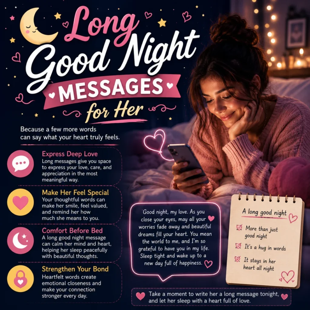 Woman reading a heartfelt long good night message on her phone in a cozy bedroom with romantic nighttime theme