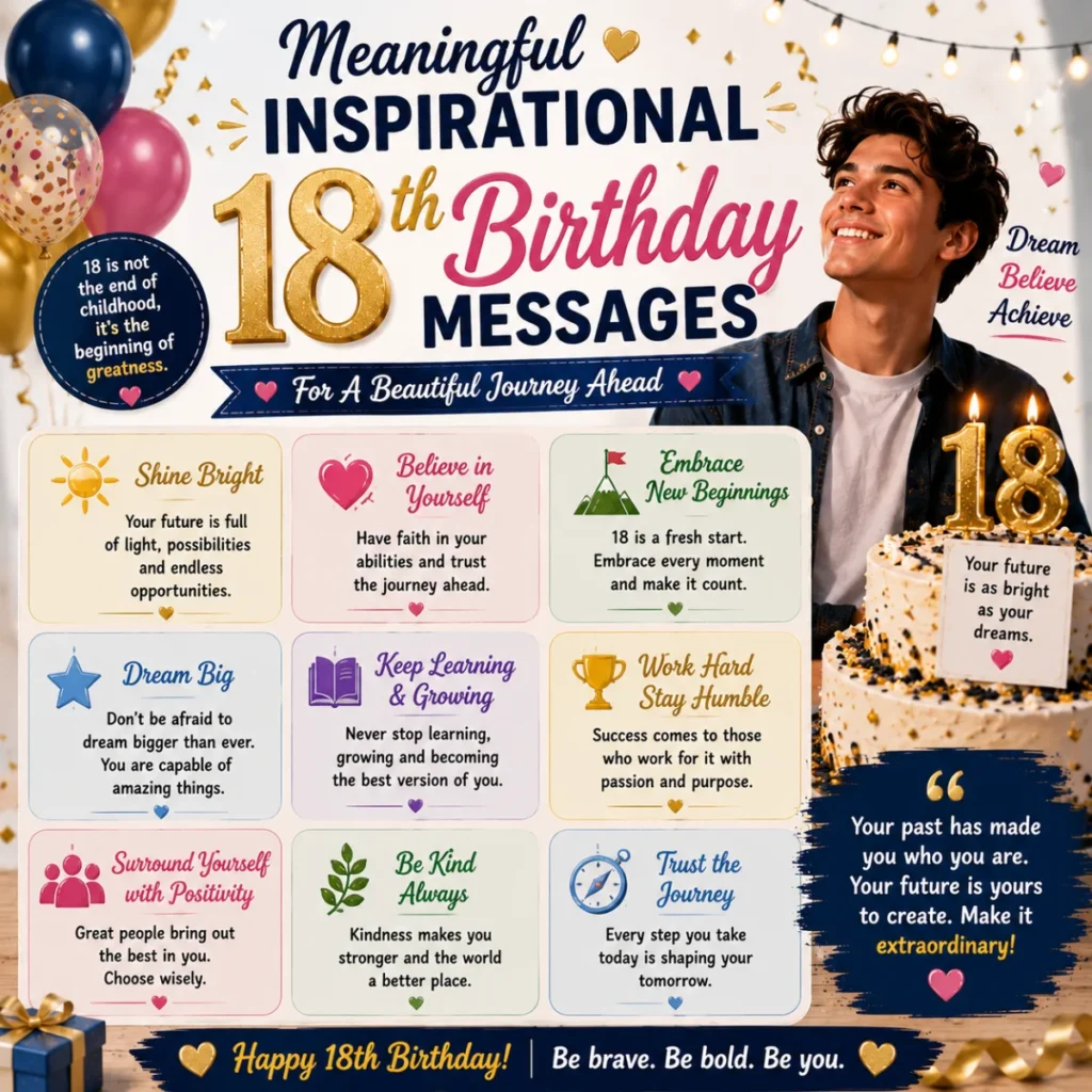 Meaningful inspirational 18th birthday messages with birthday cake, balloons, and uplifting wishes for a bright future
