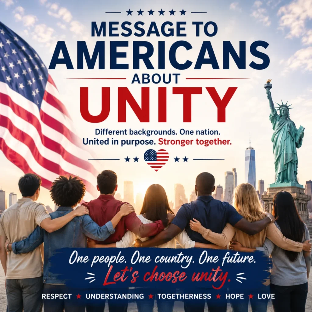 Message to Americans about unity featuring diverse people, the American flag, Statue of Liberty, and a message of togetherness.