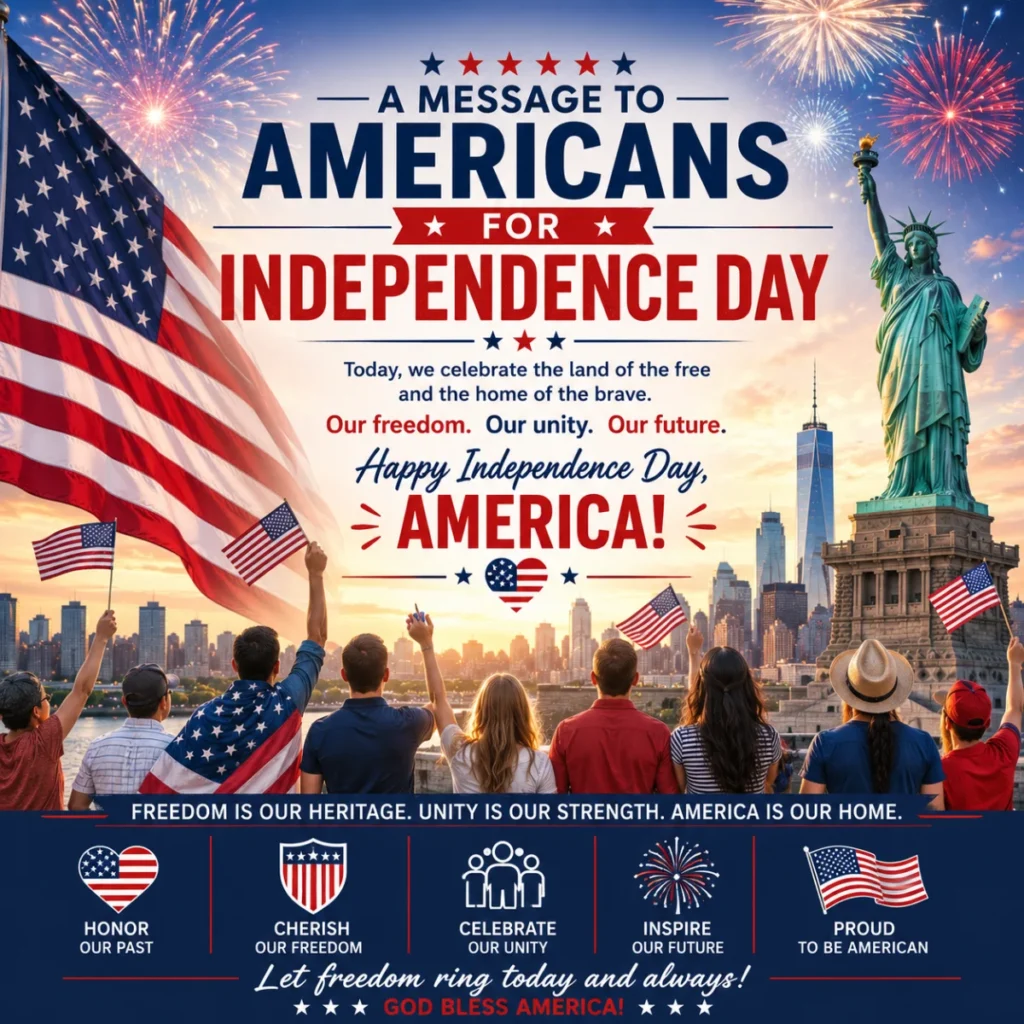 Message to Americans for Independence Day with fireworks, the American flag, Statue of Liberty, and patriotic celebration.