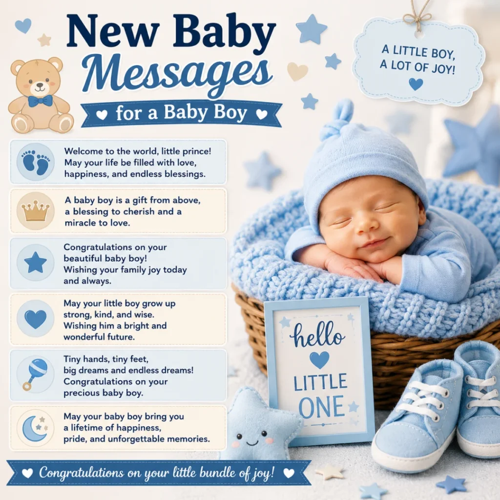 New baby messages for a baby boy with a sleeping newborn in blue and heartfelt congratulations