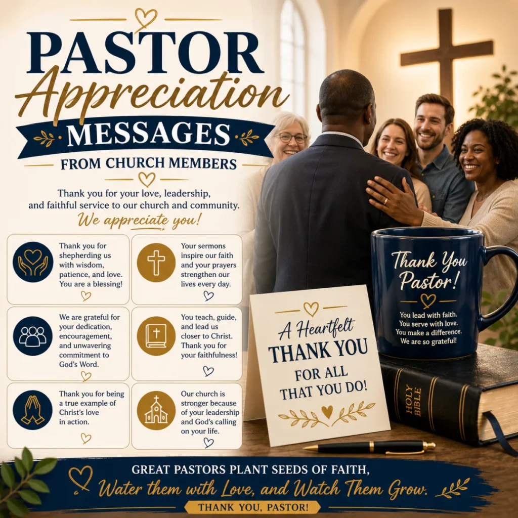 Pastor appreciation messages from church members with grateful congregation, Bible, thank-you card, and church cross