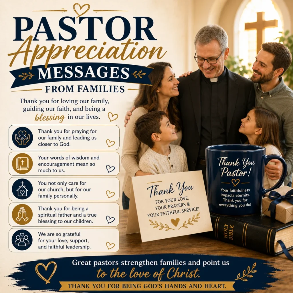 Pastor appreciation messages from families with thankful family, pastor, Bible, thank-you card, and church cross