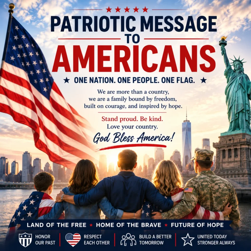 Patriotic message to Americans with the American flag, Statue of Liberty, family, soldier, and New York skyline.