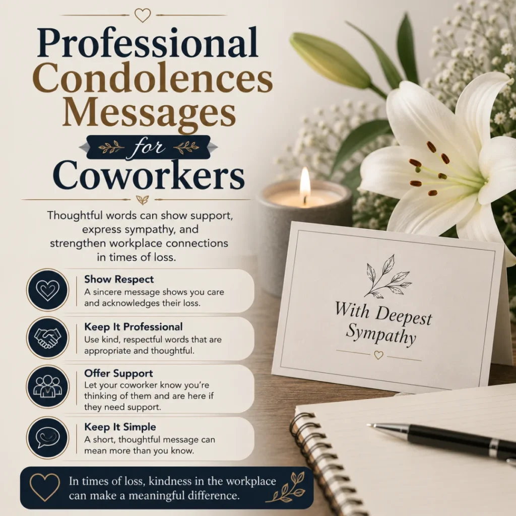 Professional condolences messages for coworkers with sympathy card, candle, white lilies, and office notebook