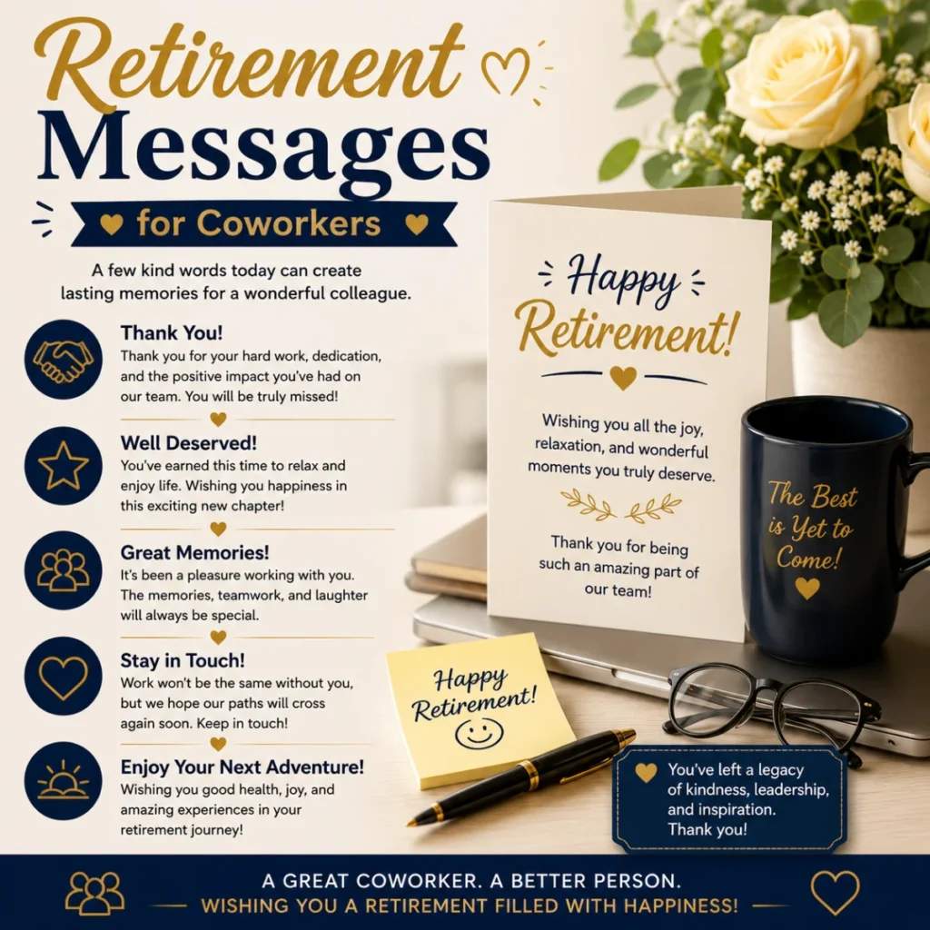 Retirement messages for coworkers with heartfelt wishes, greeting card, office desk, flowers, and appreciation gifts