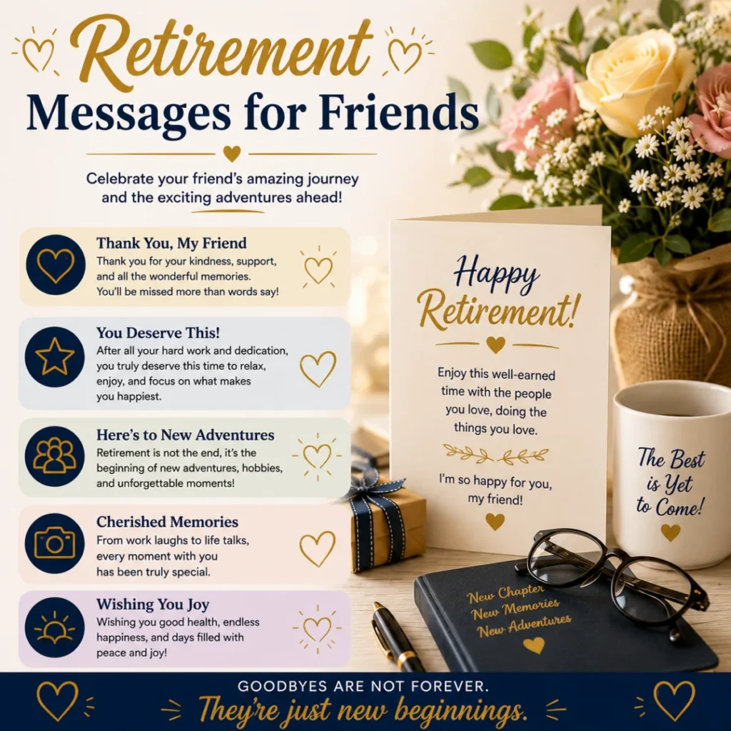 Retirement messages for friends with heartfelt wishes, greeting card, flowers, and thoughtful retirement celebration