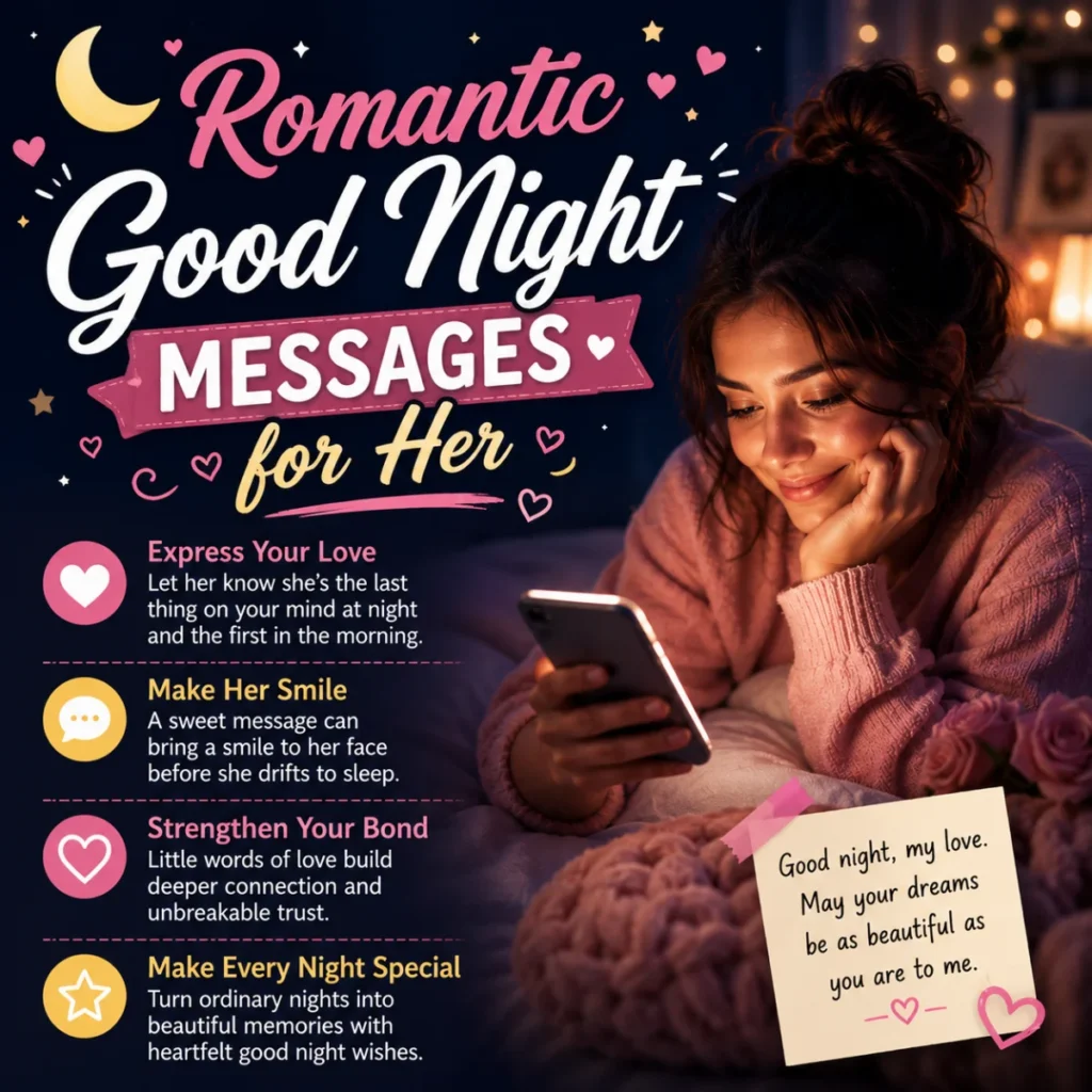 Woman smiling at a romantic good night message on her phone in a cozy bedroom with stars and heart-themed design