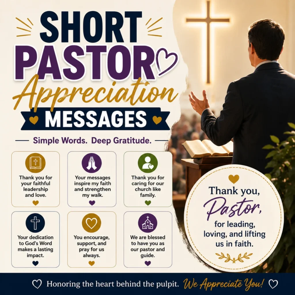 Short pastor appreciation messages with a pastor preaching in church and heartfelt Christian thank-you quotes