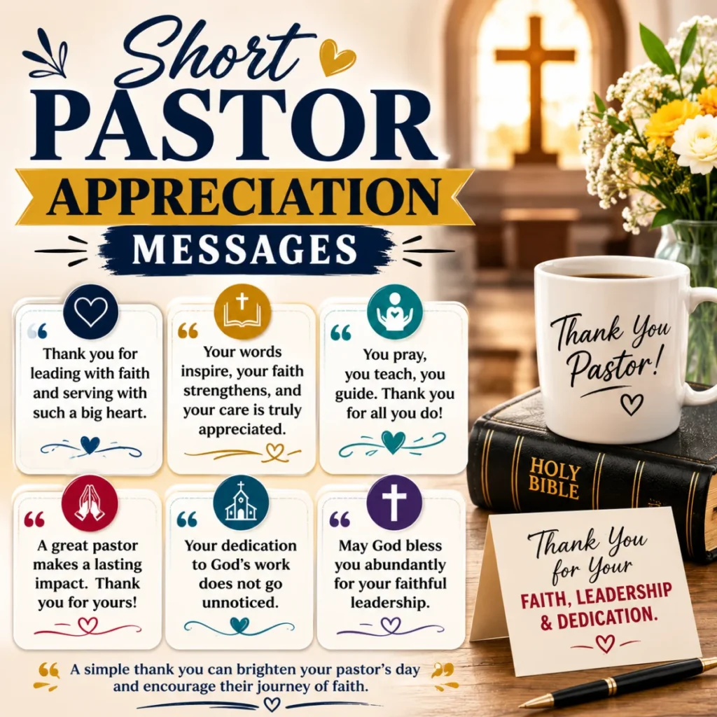 Short pastor appreciation messages with Bible, thank-you mug, church cross, and heartfelt gratitude cards