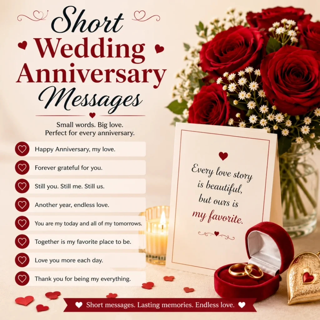 Short wedding anniversary messages with romantic roses, rings, candle, and heartfelt anniversary card