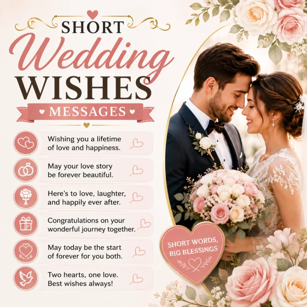 Short wedding wishes messages with a happy bride and groom and heartfelt greeting examples for newlyweds