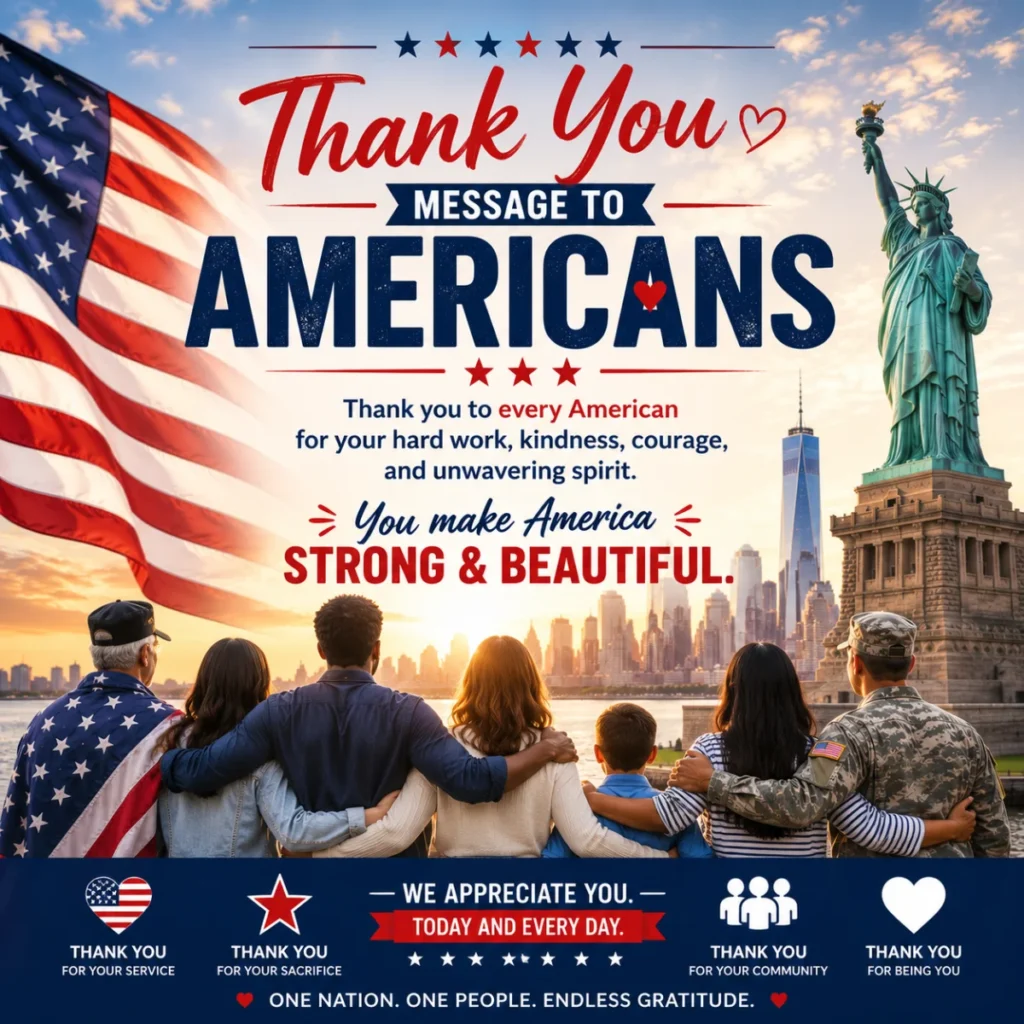 Thank You Message to Americans with the American flag, Statue of Liberty, and people united in gratitude.