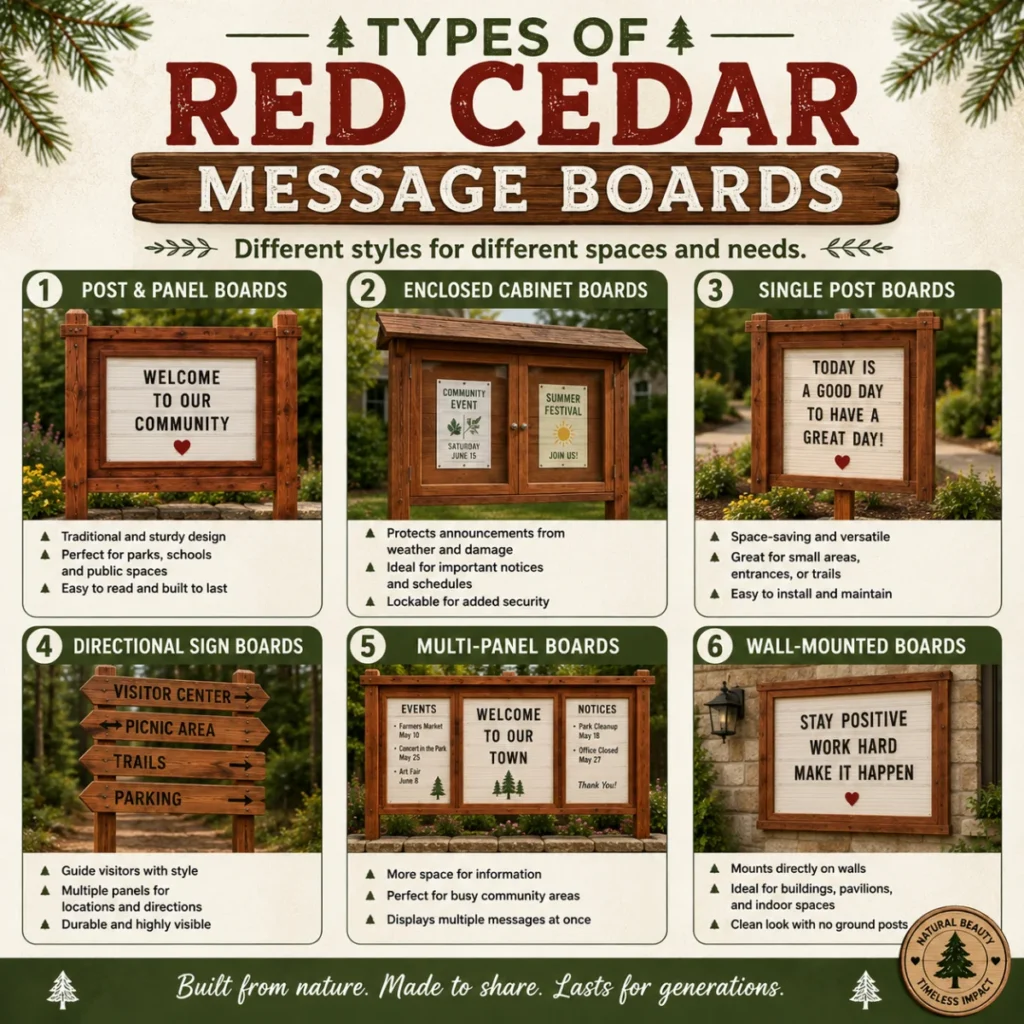 Infographic showing different types of red cedar message boards for parks, schools, churches, and community spaces