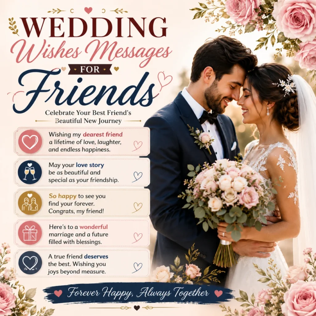 Wedding wishes messages for friends with a joyful bride and groom and heartfelt congratulations for best friends