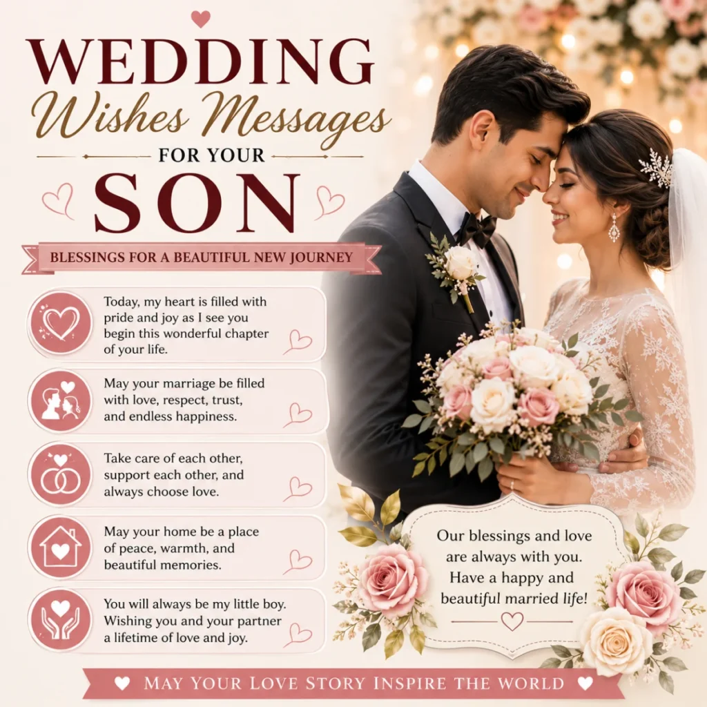 Wedding wishes messages for your son with a joyful bride and groom and heartfelt blessings from parents