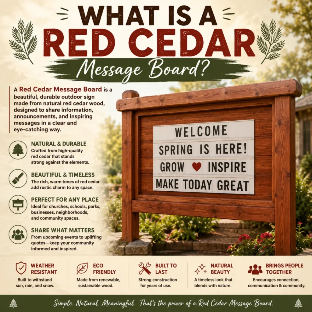 Infographic explaining what a red cedar message board is with a rustic outdoor wooden sign and key benefits
