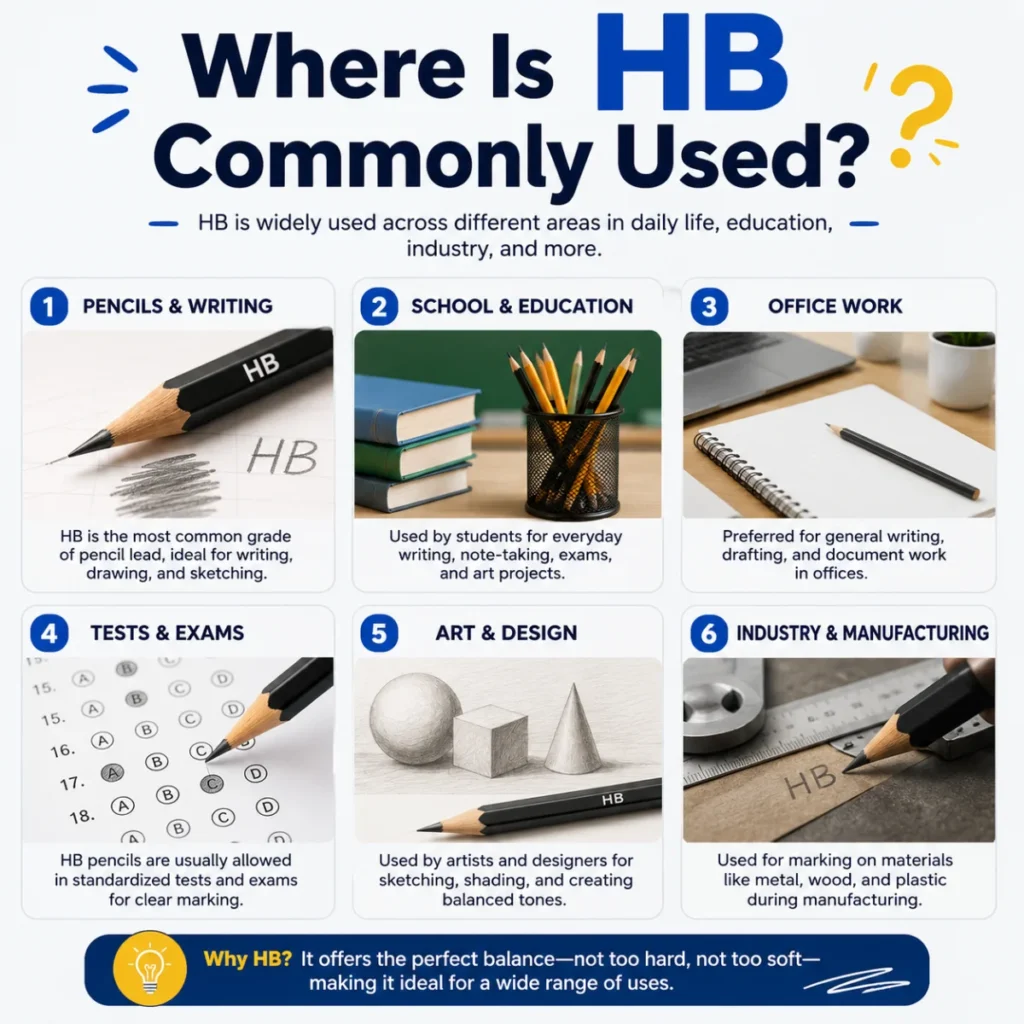 Where is HB commonly used infographic showing HB pencil applications in school, office, art, exams, writing, and industry.