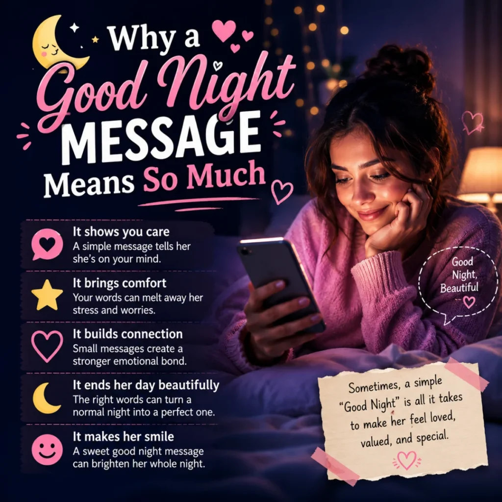 Woman smiling at a phone while reading a heartfelt good night message explaining why good night messages matter