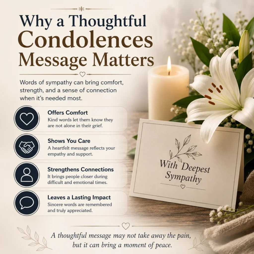 Why a thoughtful condolences message matters with sympathy card, white lilies, and candle illustrating comfort and support