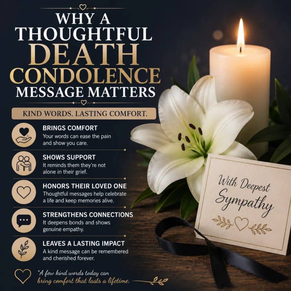 Why a Thoughtful Death Condolence Message Matters with a memorial candle, white lily, and sympathy card
