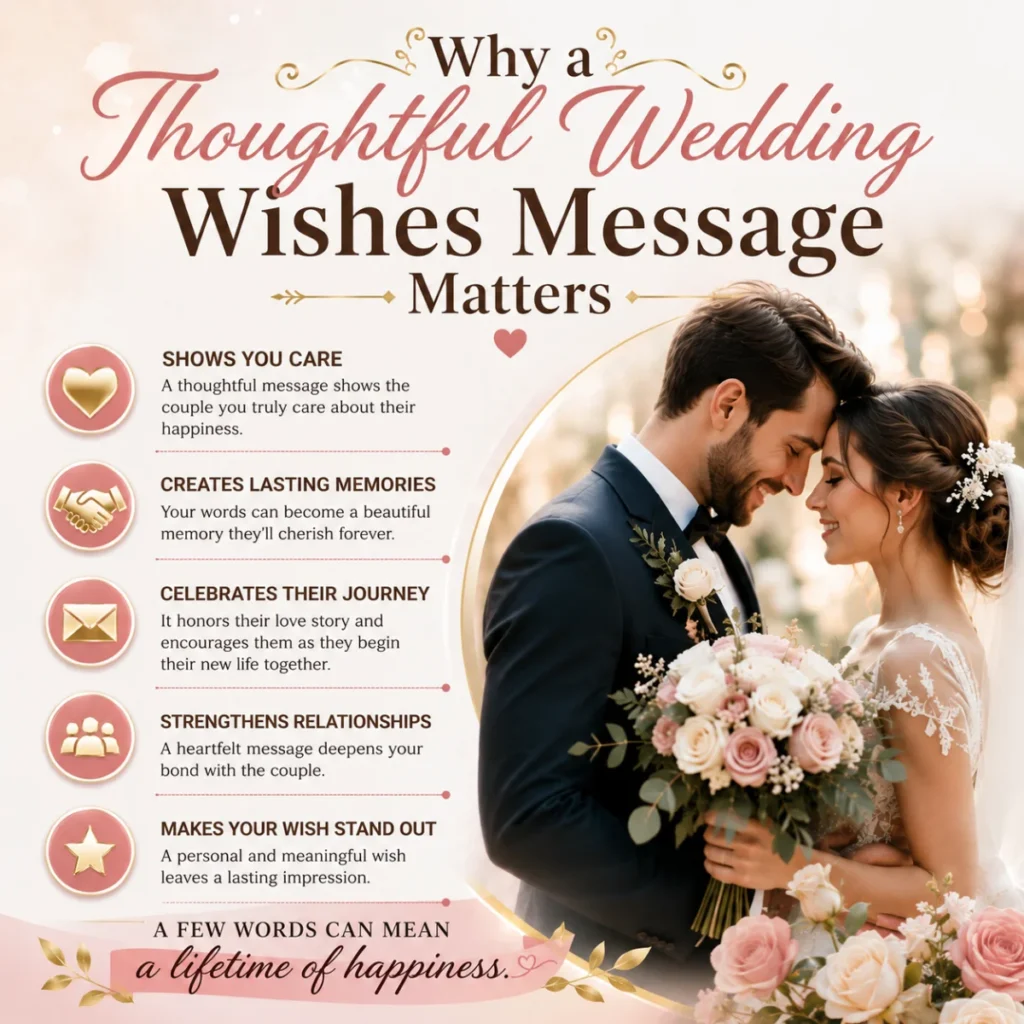 Why a thoughtful wedding wishes message matters with a happy bride and groom and meaningful wedding greeting ideas