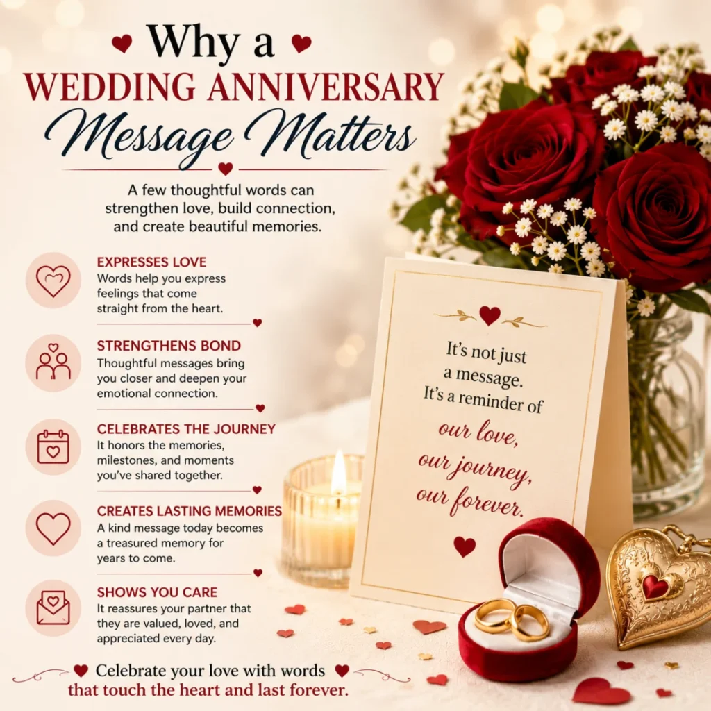 Why a wedding anniversary message matters with romantic roses, rings, candle, and heartfelt greeting card