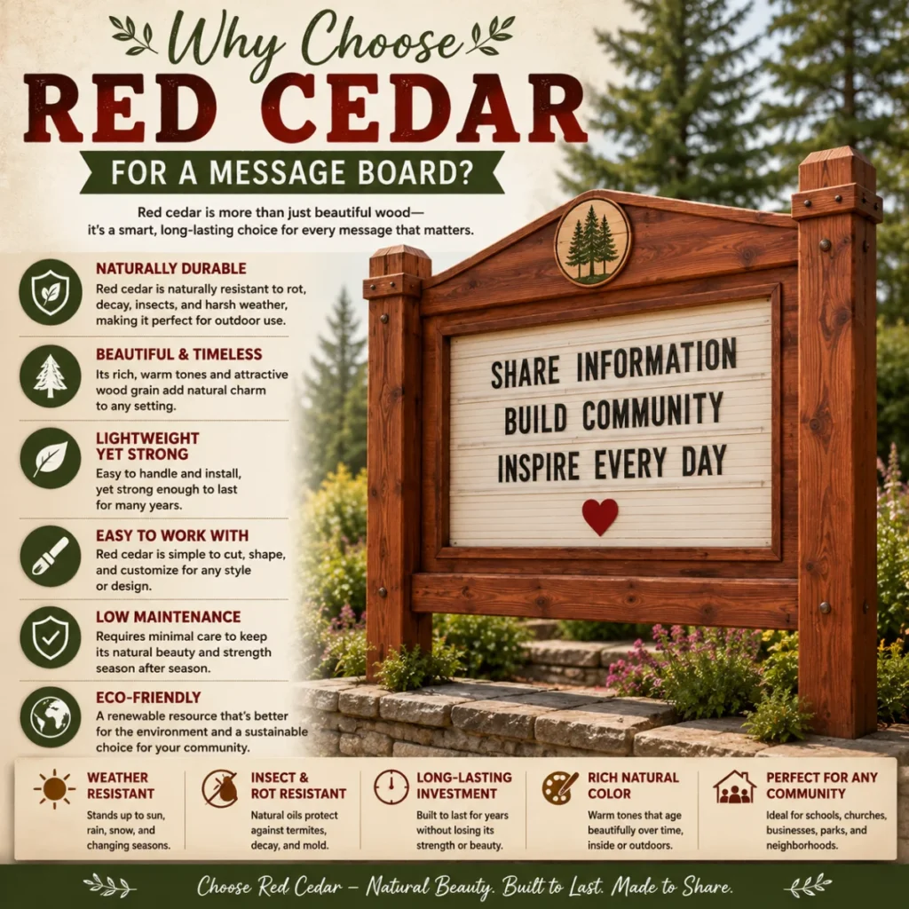 Infographic showing why red cedar is the best wood for a durable and attractive outdoor message board