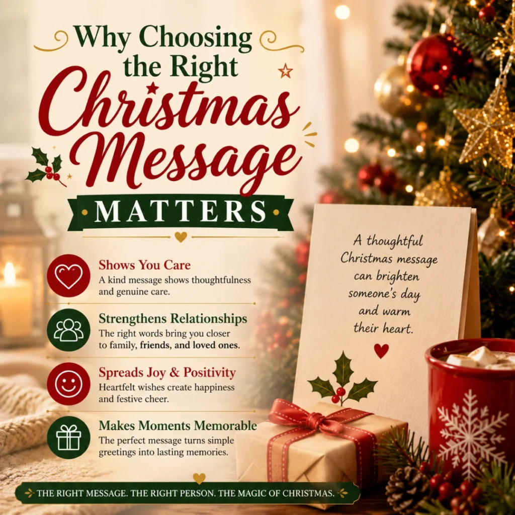 Why choosing the right Christmas message matters with festive holiday decor, gifts, and a cozy Christmas tree background.