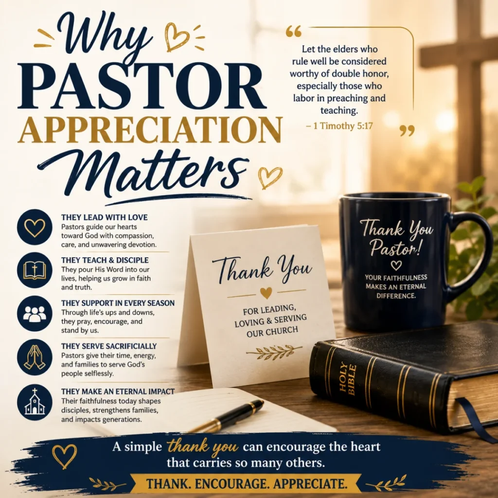 Why pastor appreciation matters with Bible, thank-you card, coffee mug, and church cross in a warm inspirational setting