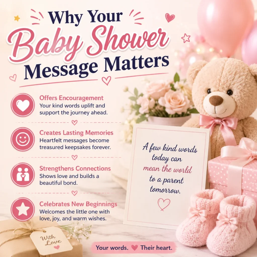 Why your baby shower message matters with heartfelt card, teddy bear, baby booties, and thoughtful wishes