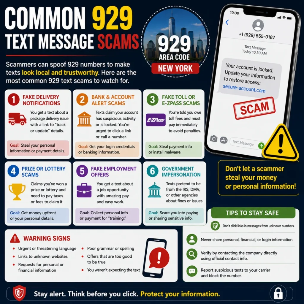 Common 929 text message scams infographic showing phishing examples, scam warning signs, and safety tips for New York area code texts.